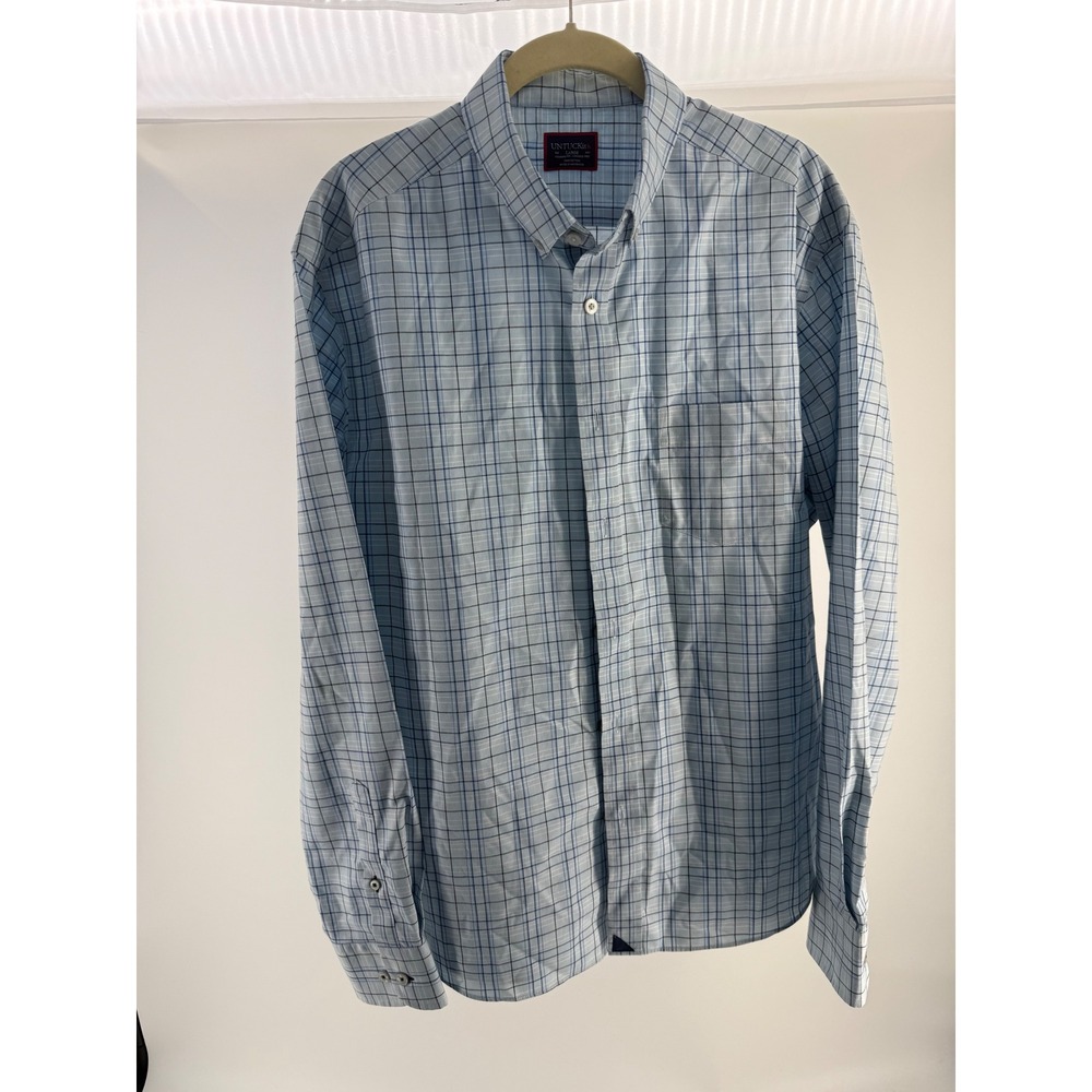 UNTUCKit Mens Relaxed Fit Wrinkle Free Plaid Button Down Shirt Blue Large
